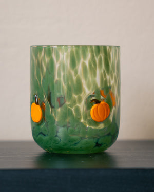 GLASS WITH DOTS COLORED GLASS GREEN W PUMPKIN ORANGE