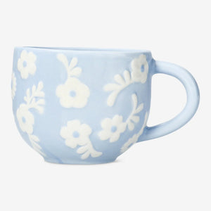 MUG WITH HANDEL FLOWER HEADS EMBOSSED BLUE BACKGROUND COLOR